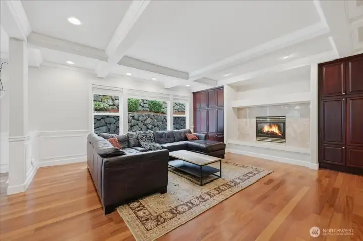 Cozy fireplace in family room great for family games