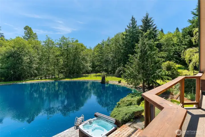 Balcony of cabin bedroom overlooking pond. Balcony of cabin bedroom overlooking pond.