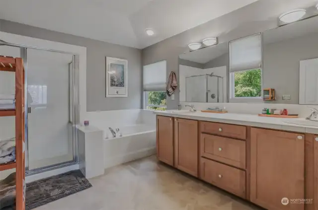 Primary bathroom with double sinks, shower and soaking tub.