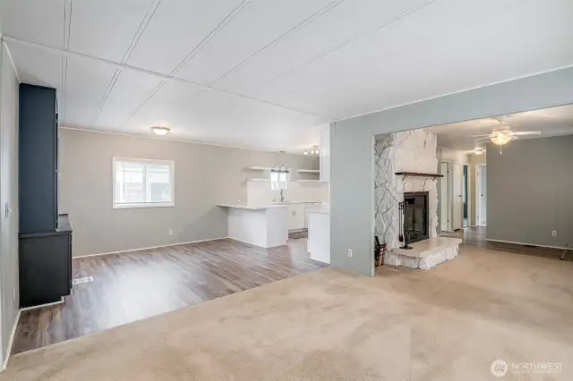 Living room into dining room & kitchen