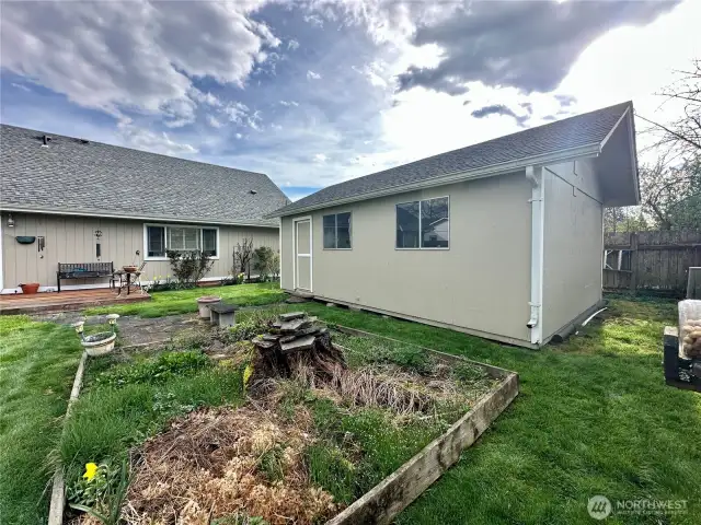 Backyard view of shed