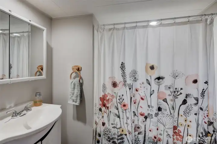 Clean, well-maintained full bath with tub/shower and storage.