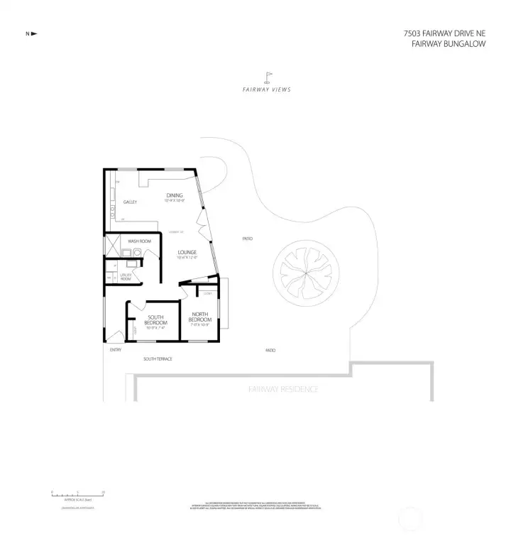 A dedicated floorplan of the Fairway Bungalow highlights its role as a fully independent second dwelling, complete with its own living spaces, kitchen, bedroom, and bath. The layout shows how the bungalow opens to patios and gardens on multiple sides, creating a private retreat that functions beautifully as a guest suite, studio, or multigenerational residence.