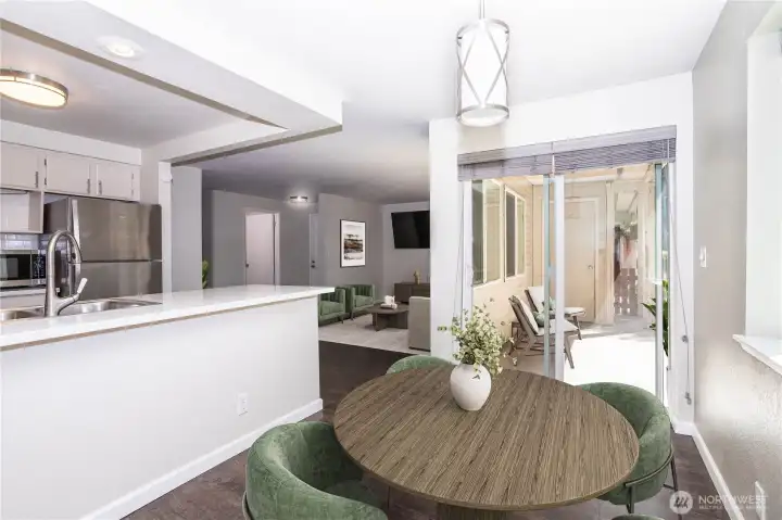 Dining space overlooking the patio, ideal for everyday meals or entertaining.