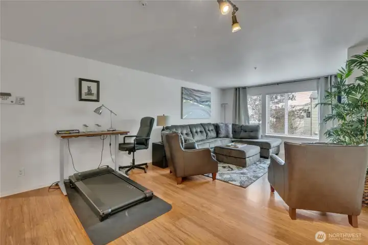 Large windows invite the outdoors in.