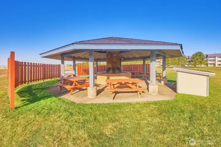 Covered outdoor BBQ area—perfect for throwing some fresh oysters on the grill and gathering with friends.