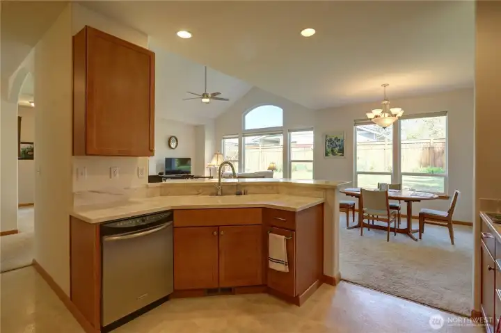 Opens to the dining area and great room
