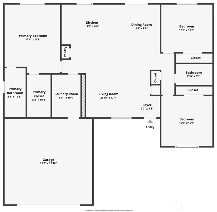 Review the smart single-level layout with three bedrooms, two baths, open living spaces, and an attached garage. Square footage is for illustration purposes only, square footage in listing.
