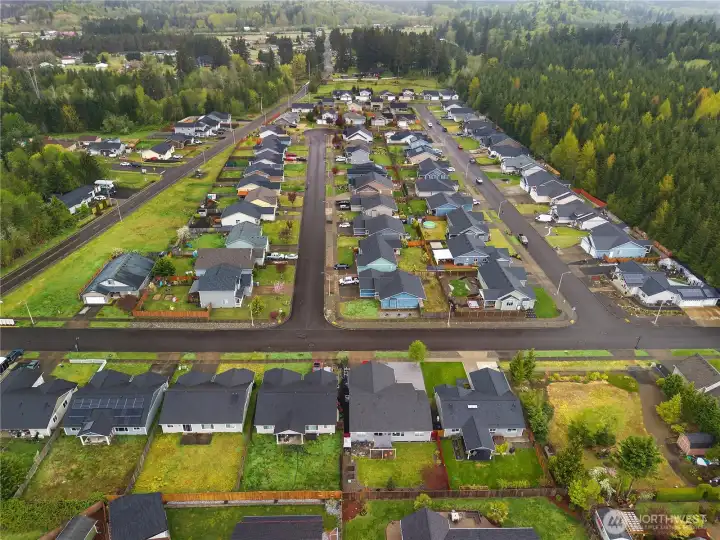 Explore the surrounding McCleary neighborhood with nearby homes, sidewalks, and a backdrop of evergreen trees.