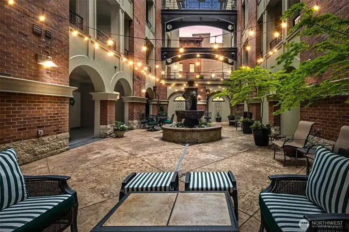 The courtyard at twilight invites you to spend time with friends and neighbors.