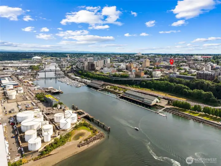 This aerial view shows the Thea Foss Waterway as it separates the Port of Tacoma from the downtown city core. The red marker shows the Roberson location.