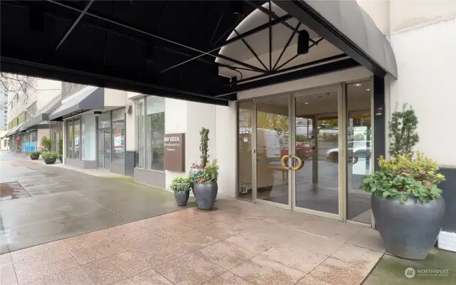 Main entry to Bay Vista Condominium, a luxury building with resort style amenities & extraordinary views!