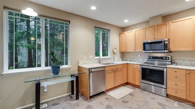 The kitchen has been updated with new SS appliances, luxury vinyl, beautiful quartz counters with backsplash and under mount sink.  There is a pantry and more windows with gorgeous private views.