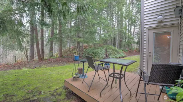 The deck is off both the sliding glass door in the family room and the door in the kitchen.  It is the perfect place to relax or have your friends come over to share and meal and chat.