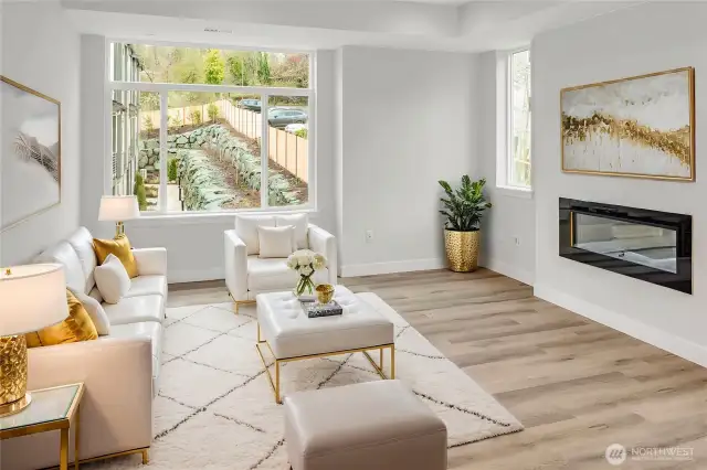 Cozy electric fireplace in living room (virtually staged)