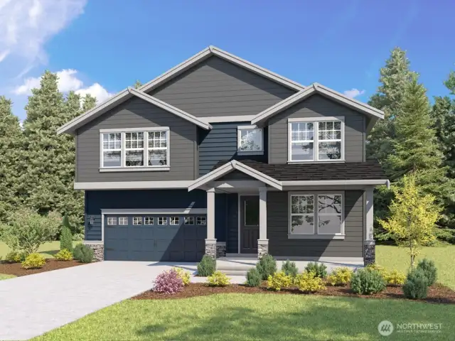 Two car garage. Photo rendering is representational. Actual home is under construction and finishes, elevation, and paint colors may vary. See site agent for details.