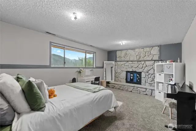Lower level bedroom currently functioning as a bedroom.  Wood burning fireplace too!