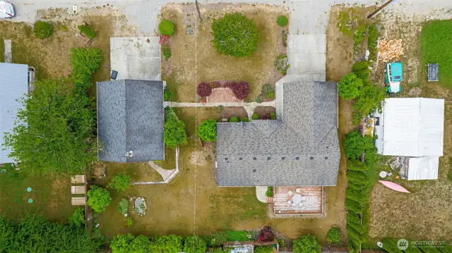 Overhead view of house and shop.
