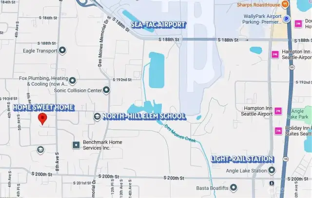 This home is tucked in a quiet double cul-de-sac, yet just minutes from everything you need. The map highlights its unbeatable proximity to:  ? North Hill Elementary School – a short walk away  ? Sea-Tac Airport – less than 10 minutes for easy travel access  ? Angle Lake Light Rail Station – direct connection to downtown Seattle  ? Nearby shopping, dining, and services