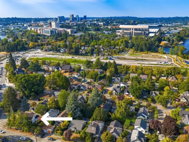 This aerial view captures the home’s unbeatable location—steps from UW, Husky Stadium, and the Washington Park Arboretum, with easy access to the 520 bridge, Link light rail, and the best of Seattle at your fingertips.