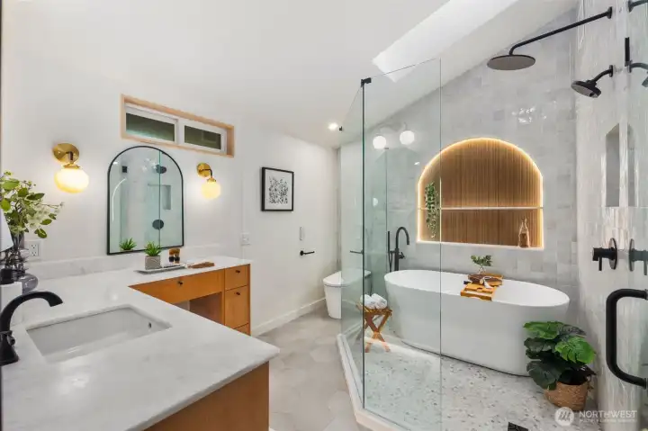 And, sigh, I am going to MISS this bathroom. Real zellige, marble, custom arch, heated bidet. No expense spared.