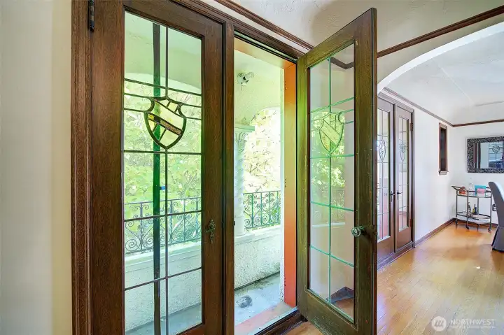 Leaded glass doors to Juliet balcony