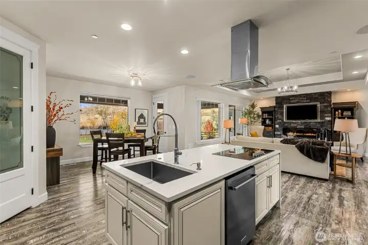 kitchen, living and breakfast area
