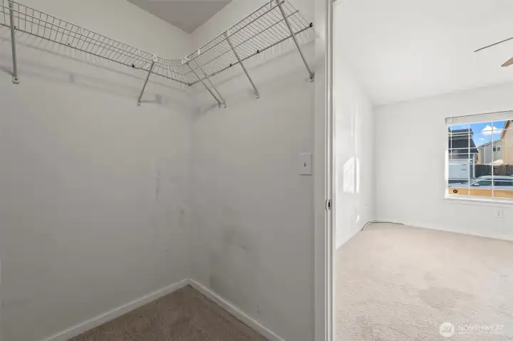 walk-in looking into primary en-suite, brand new carpet