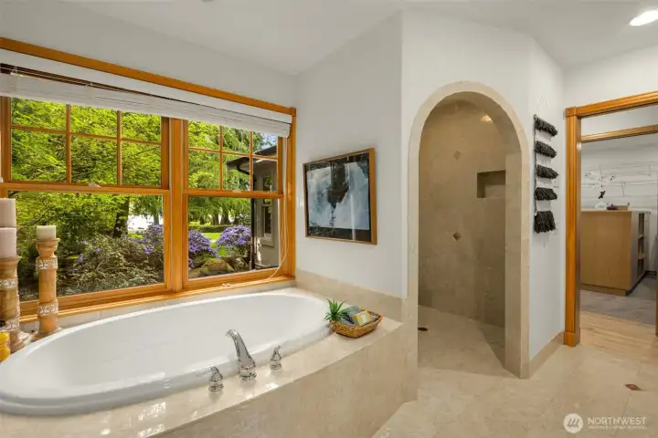 Primary bath soaking tub, walk-in shower, and large walk-in closet Primary bath soaking tub, walk-in shower, and large walk-in closet