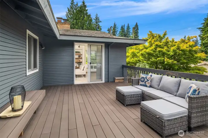 Large Balcony Deck adjacent to the living room. Built-in seating.