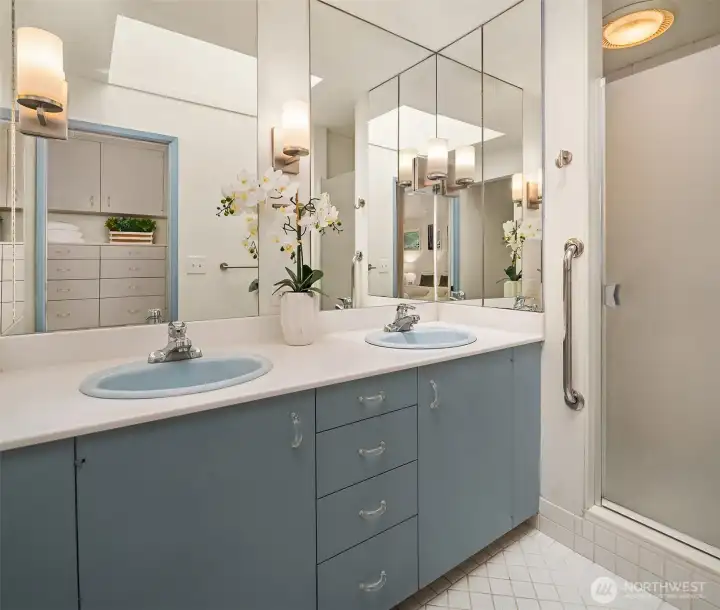 3/4 ensuite Primary Bath with skylight and built-in cabinet storage.