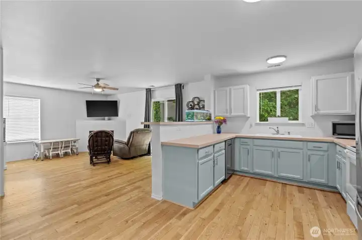 Kitchen has been updated with painted cabinets