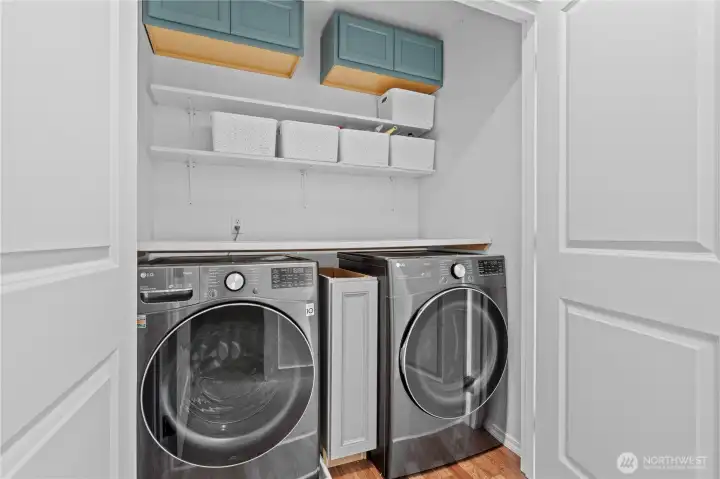 Laundry Closet w/New Appliances and Built-in Cabinets and Shelving.