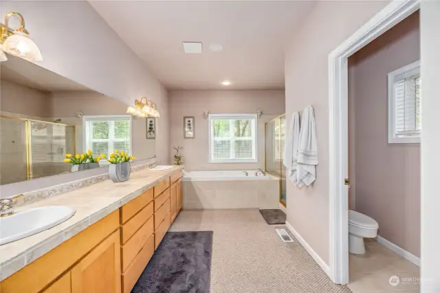 Primary bath ensuite with separate water closet, dual sinks, soaking tub and separate shower.