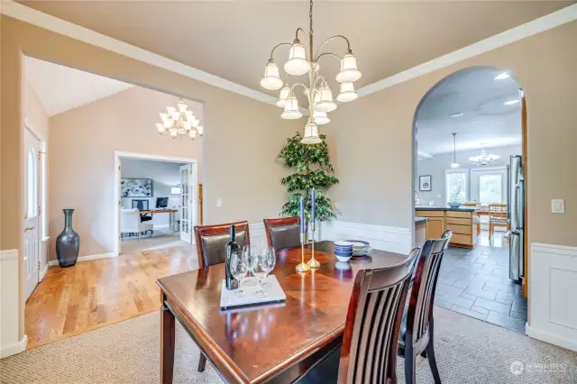 Formal dining room with crown molding detail.