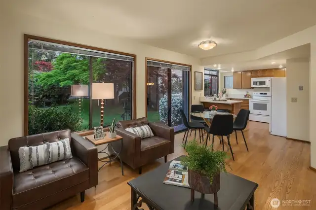 The family room and the kitchen dining area with south facing view to enjoy the light.