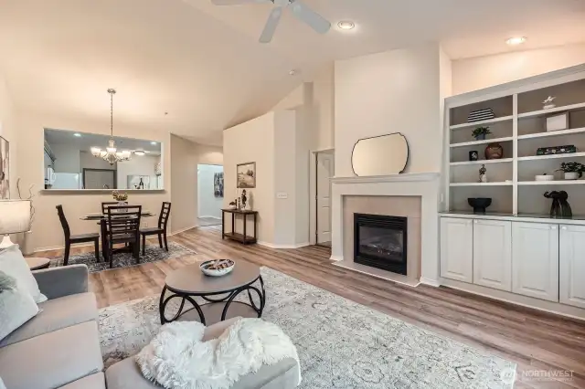 Cozy fireplace with built in cabinetry