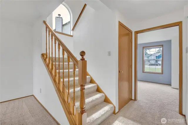 The stairs lead you upstairs and there is much storage under the stairs as well as a separate coat closet in the entry.