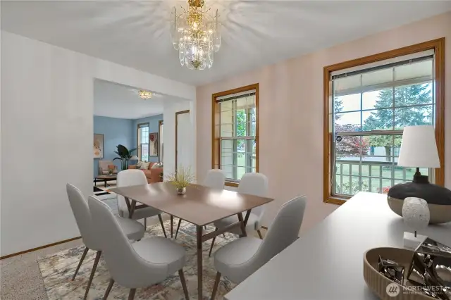 The formal dining room offers ample space for entertaining and hosting large gatherings, providing numerous options.