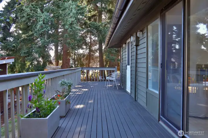 East facing deck has easy access to backyard and three doors that lead into the house.