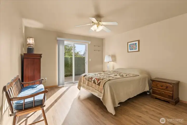Spacious primary bedroom with private patio with room for hot tub!