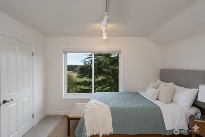 Large bedroom with a view of Mt. Baker. Virtually staged.