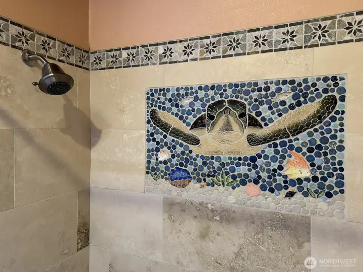 Mosaic turtle in shower