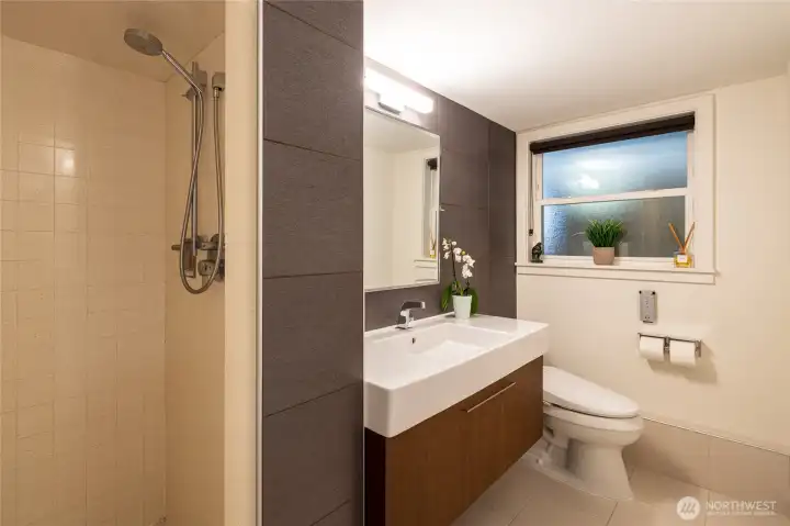Lower level remodeled bathroom with heated floors. Lower level remodeled bathroom with heated floors.