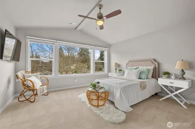 Expansive primary suite with vaulted ceilings and big east facing windows