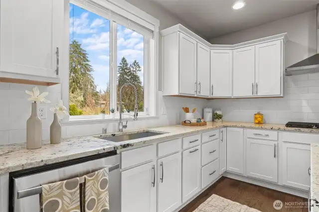 Views of the spacious backyard through kitchen window
