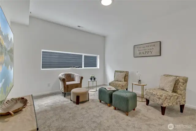 Main floor media room can easily double as a guest-suite, with a 3/4 bath right across the hall.