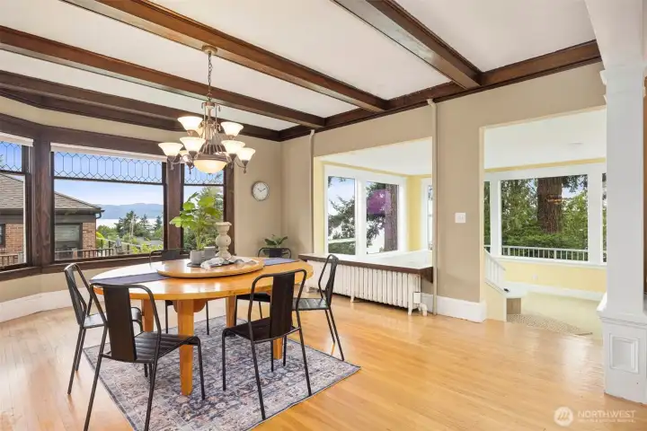 Bay window with leaded glass windows has lovely bay views.