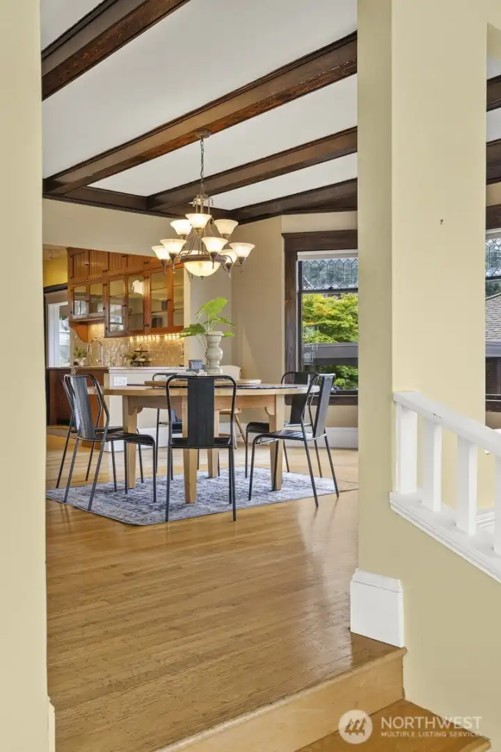 Looking through the dining room to the kitchen.