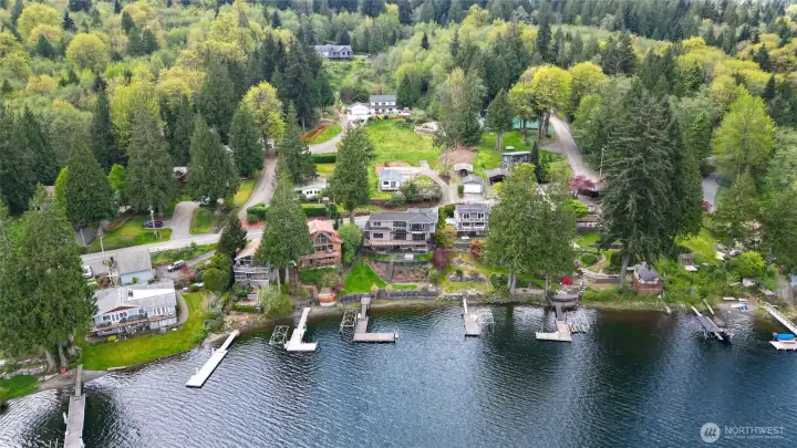 An aerial view of the property and surrounding homes.